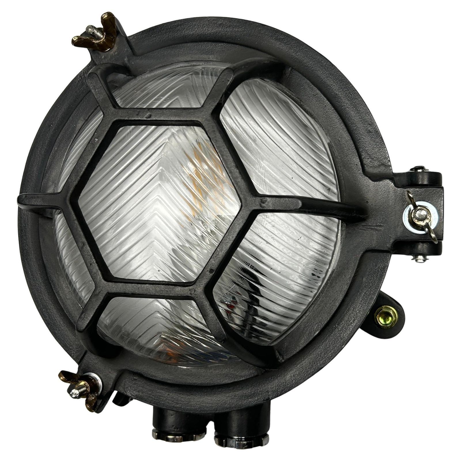 Late Century Cast Circular Wall Light Hex Cage   Reeded Glass & Gun Metal Finish