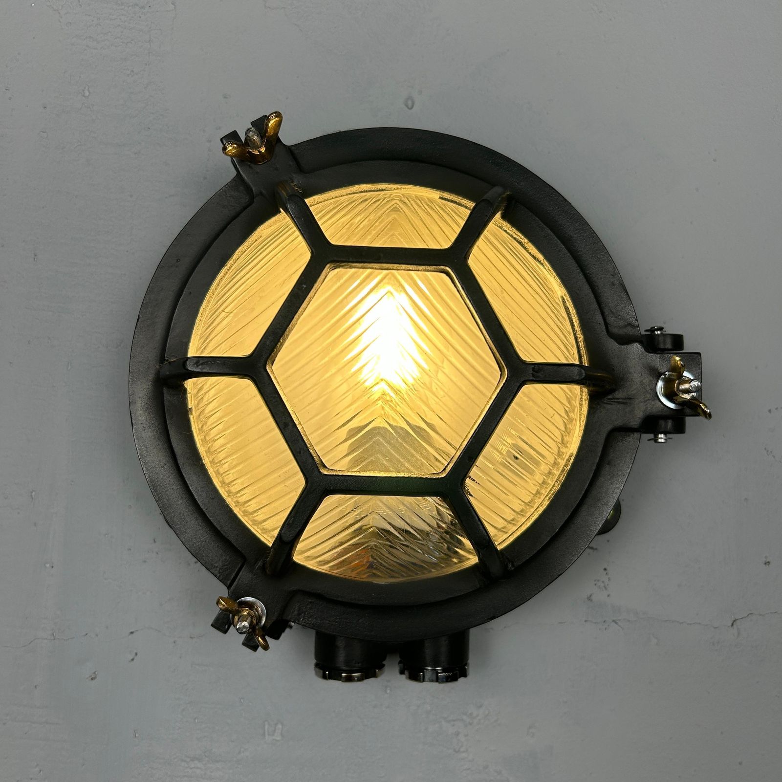 Late Century Cast Circular Wall Light Hex Cage   Reeded Glass & Gun Metal Finish photo for sale