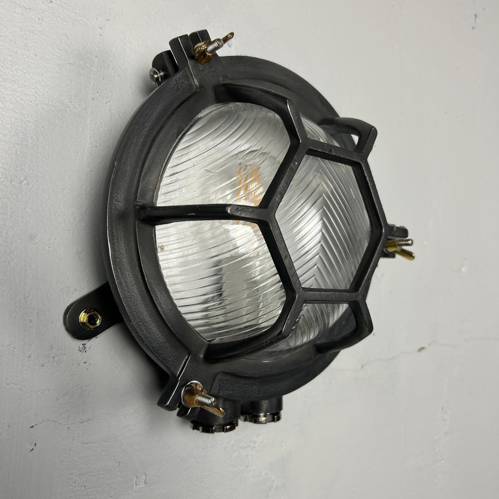 Late Century Cast Circular Wall Light Hex Cage   Reeded Glass & Gun Metal Finish photo Lighting