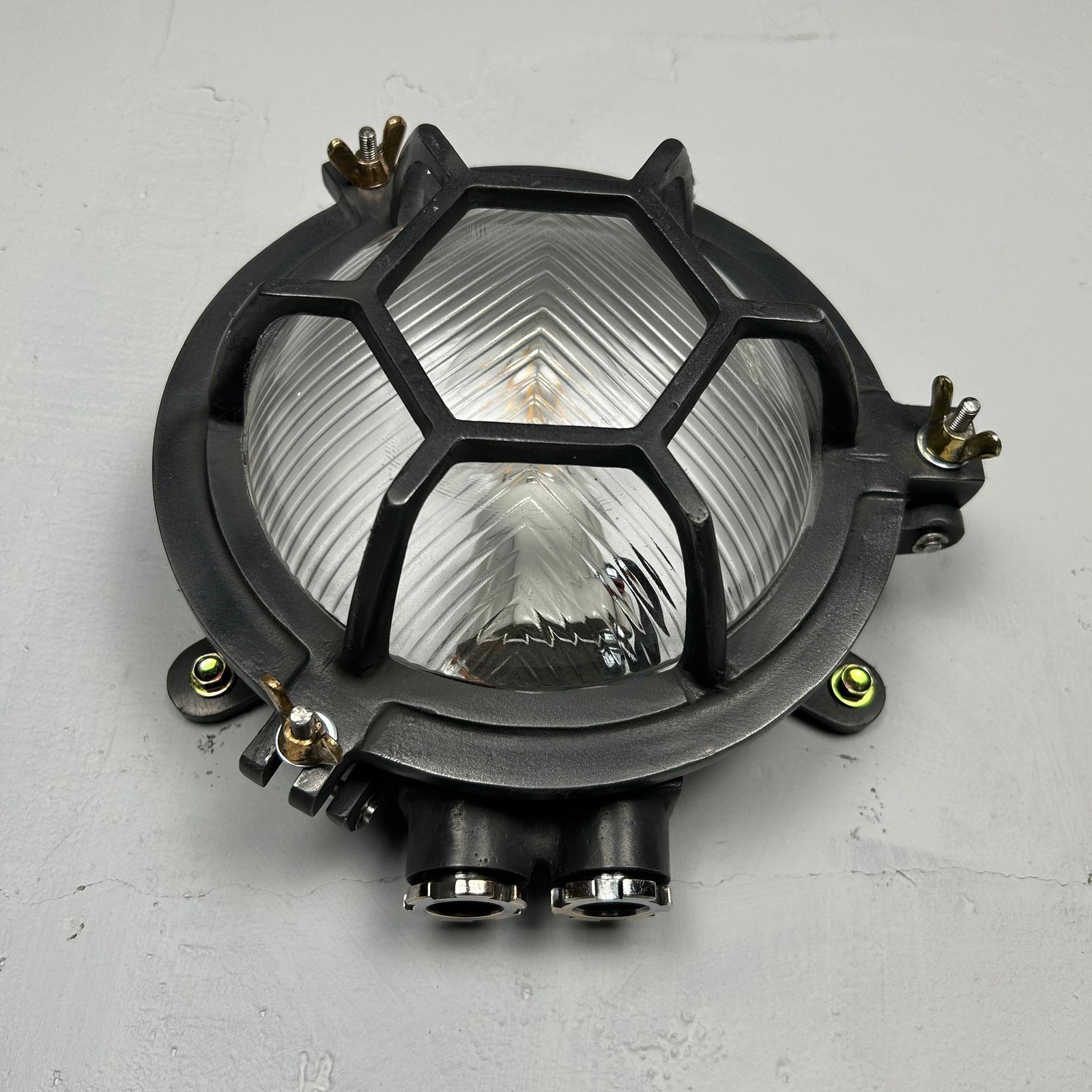 Late Century Cast Circular Wall Light Hex Cage   Reeded Glass & Gun Metal Finish photo buy
