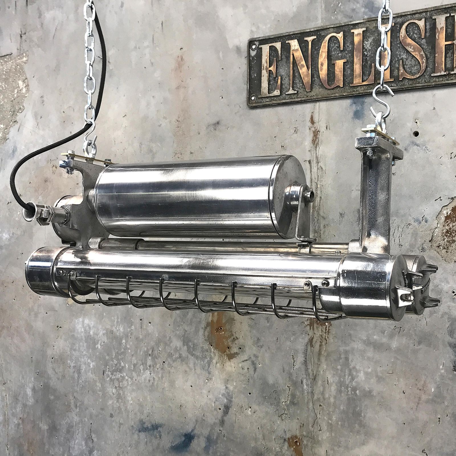 Japanese Aluminum Flameproof Strip Light, Brass Fittings And Chrome Cage photo for sale