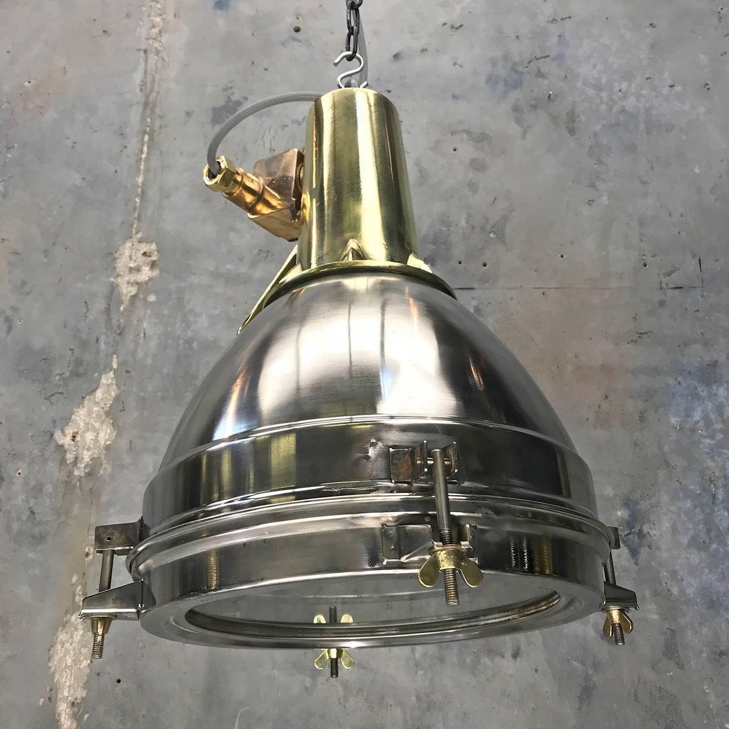 1970s Japanese Large Stainless Steel, Cast Brass And Bronze Search Light Pendant photo for sale
