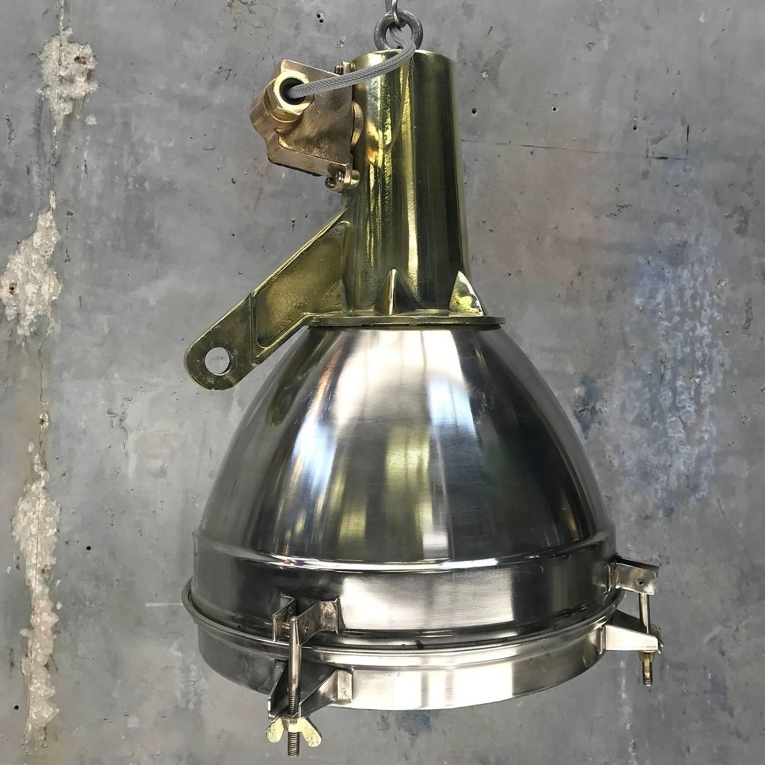 photo for sale 1970s Japanese Large Stainless Steel, Cast Brass And Bronze Search Light Pendant