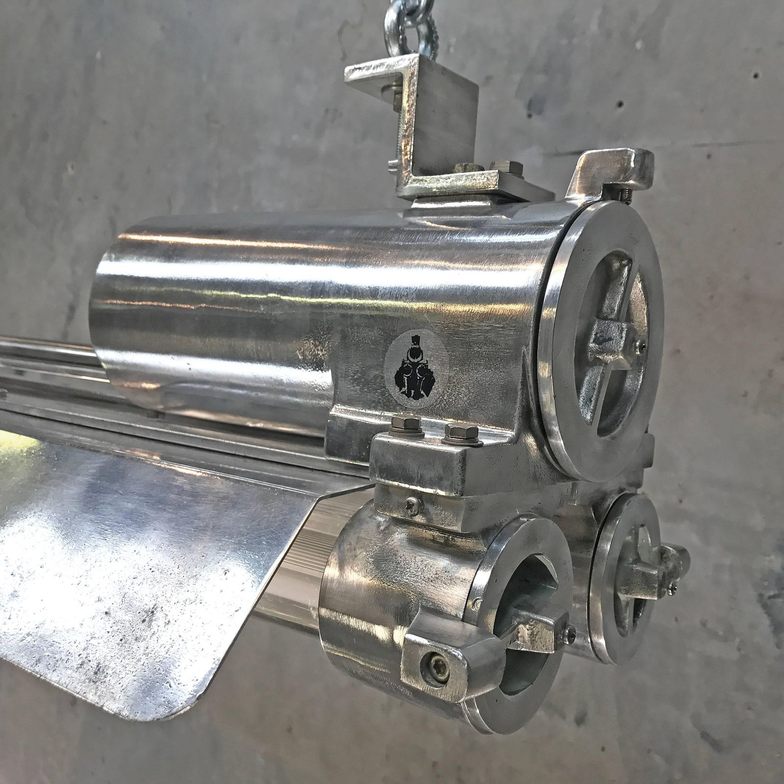 Mid Late Century Industrial Aluminium, Brass And Glass Flame Proof Strip Light photo buy