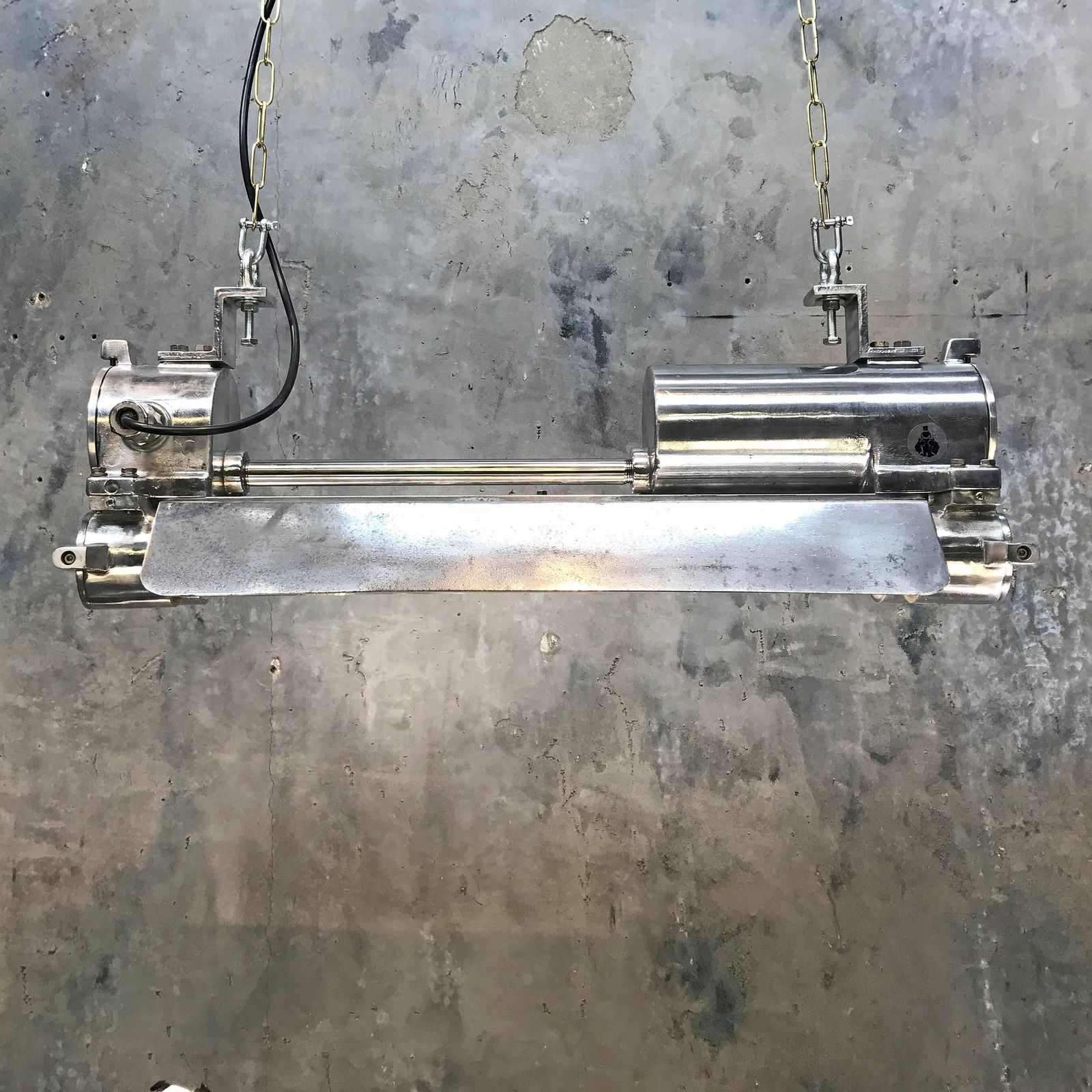 photo for sale Mid Late Century Industrial Aluminium, Brass And Glass Flame Proof Strip Light