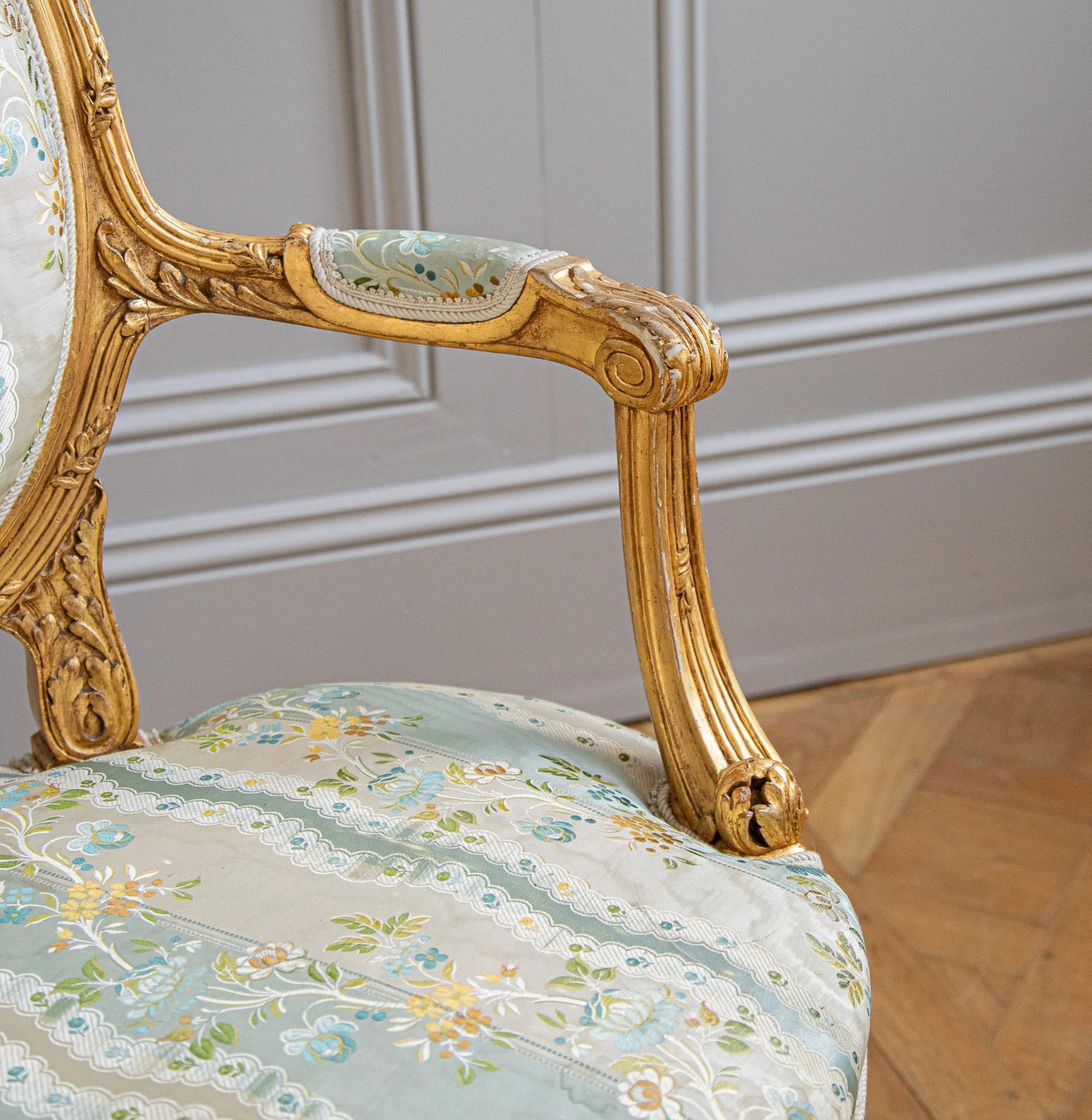 French Louis XVI Style Giltwood Armchair & Foot Stool, Circa Late 1800's photo for sale
