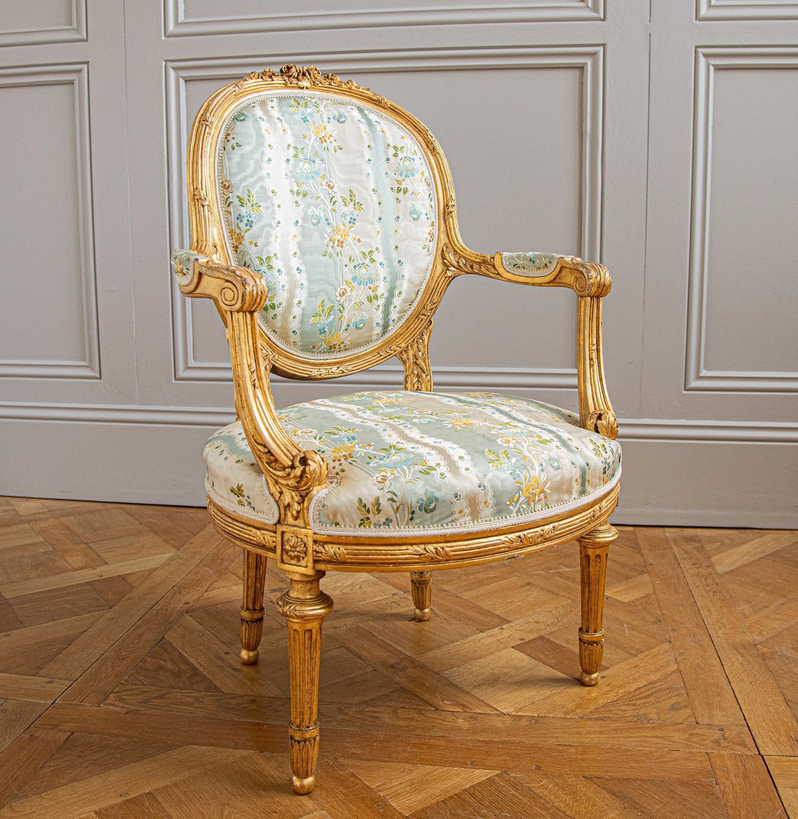 French Louis XVI Style Giltwood Armchair & Foot Stool, Circa Late 1800's photo 3008.0
