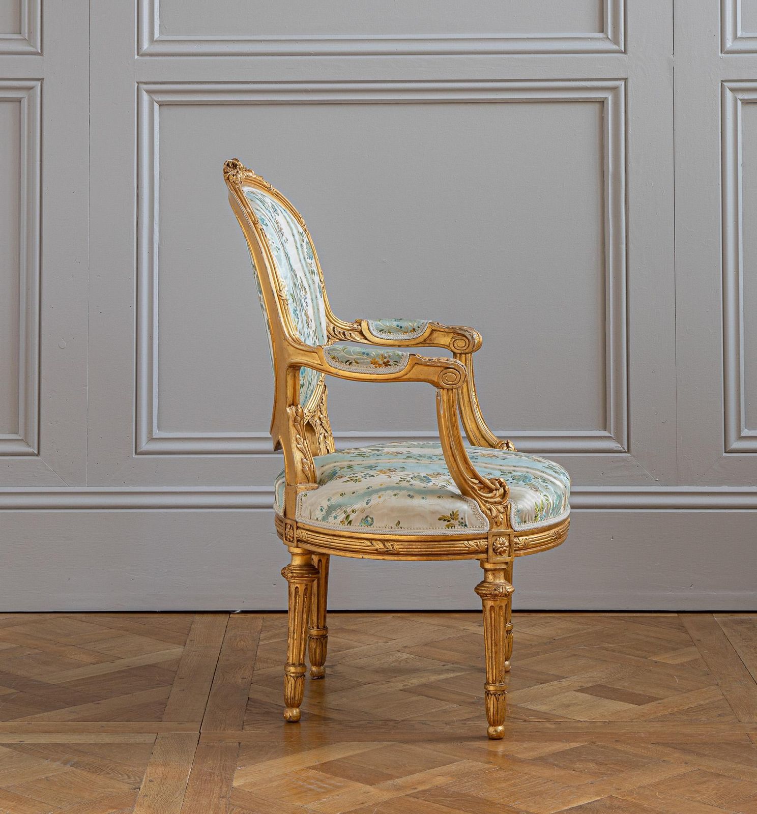 French Louis XVI Style Giltwood Armchair & Foot Stool, Circa Late 1800's photo buy