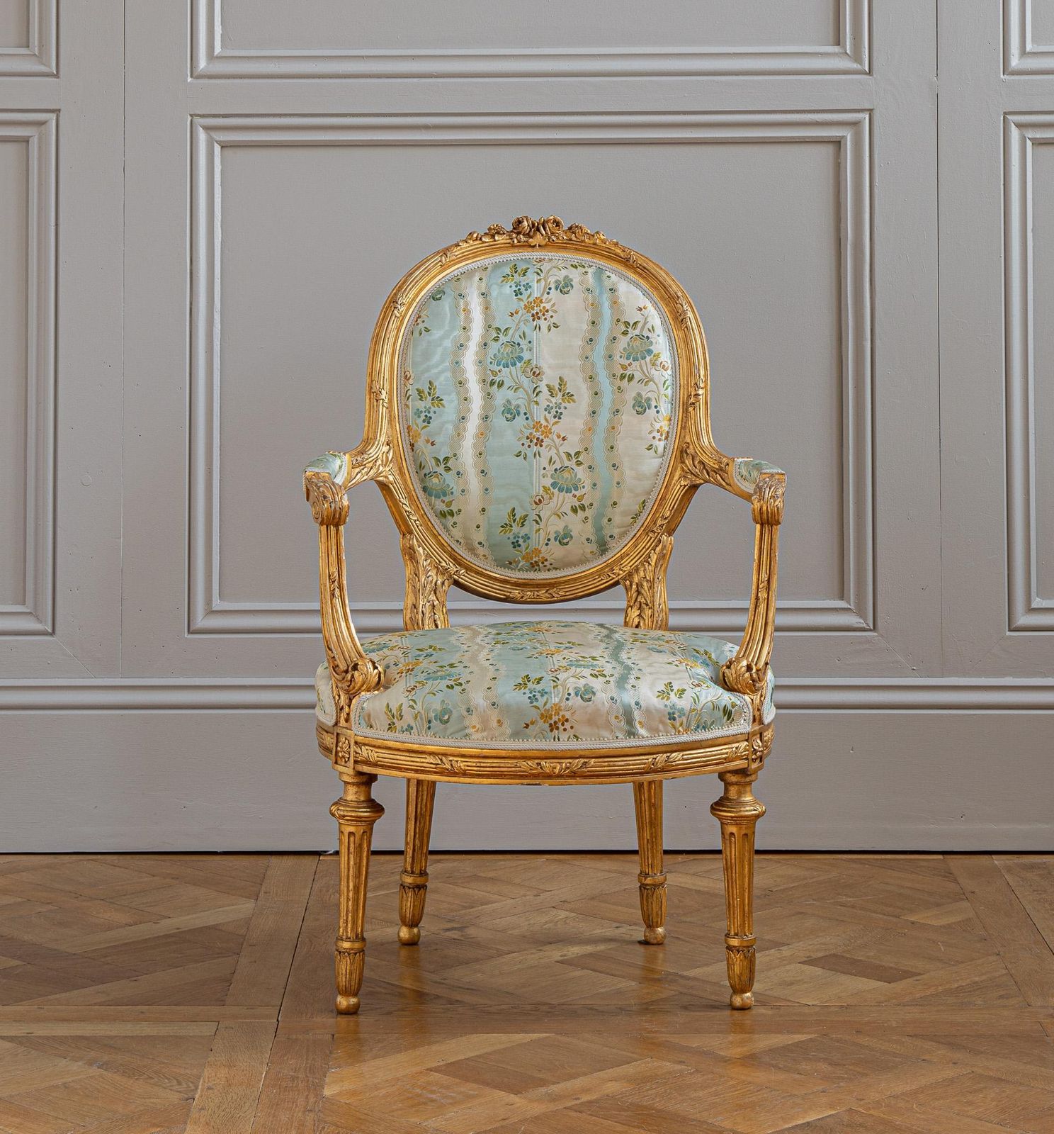 photo furniture French Louis XVI Style Giltwood Armchair & Foot Stool, Circa Late 1800's