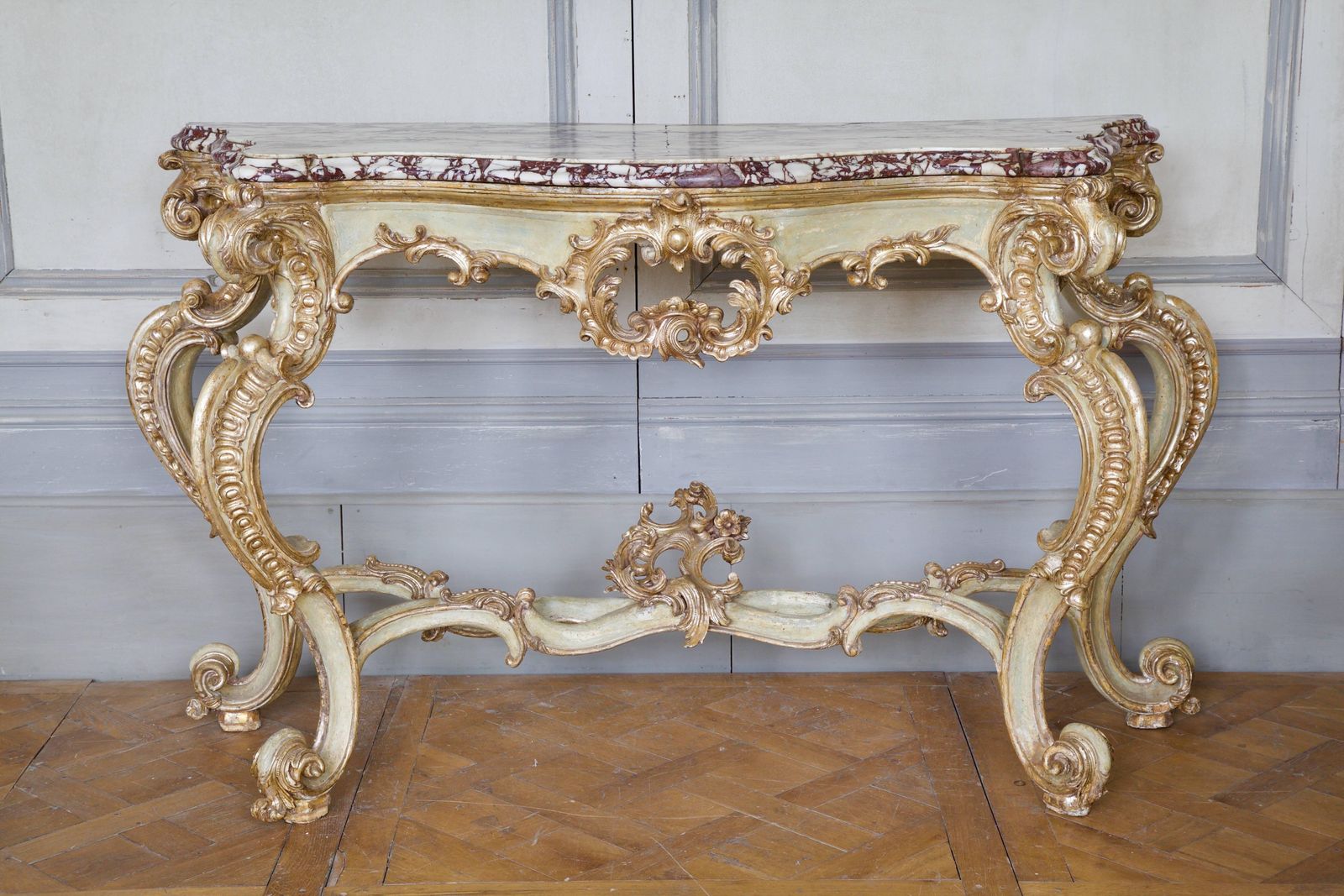 photo furniture Large 18th Century Italian Rococo Console With Breche Violet Marble Top