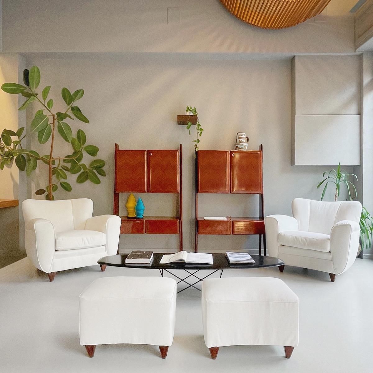 Pair Of Italian Armchairs With Poufs In White Fabric – Italy, Circa 1940s photo for sale