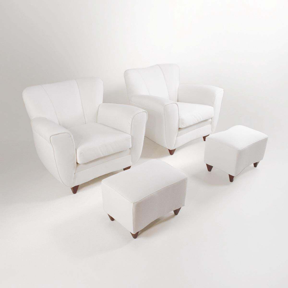 Pair Of Italian Armchairs With Poufs In White Fabric – Italy, Circa 1940s photo 3761.0