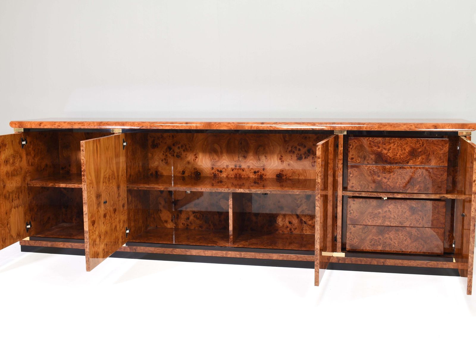 Italian Sideboard In Burlwood And Brass Details By Glam Furniture Italy, 1970's photo for sale