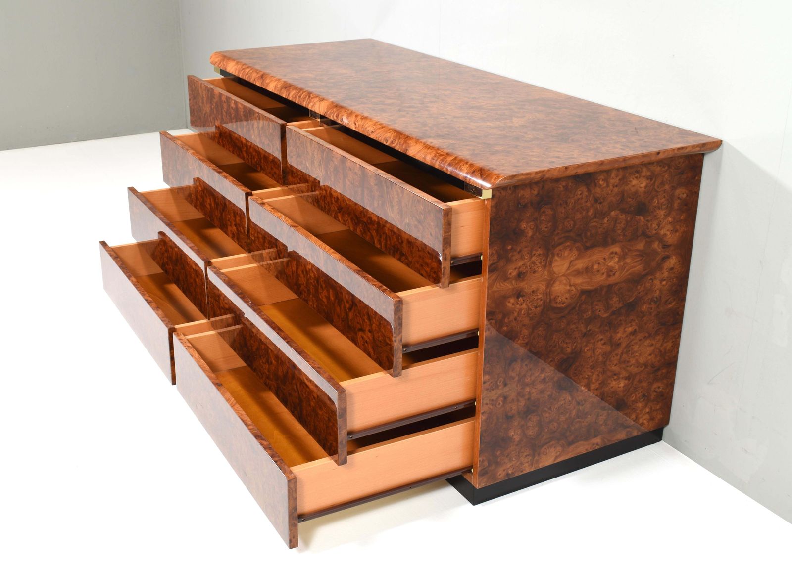 Italian Drawer Credenza In High Gloss Burl And Brass, Italy   1970's photo vinterior