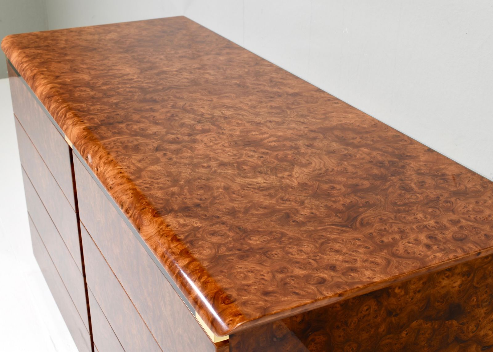 Italian Drawer Credenza In High Gloss Burl And Brass, Italy   1970's photo vintage