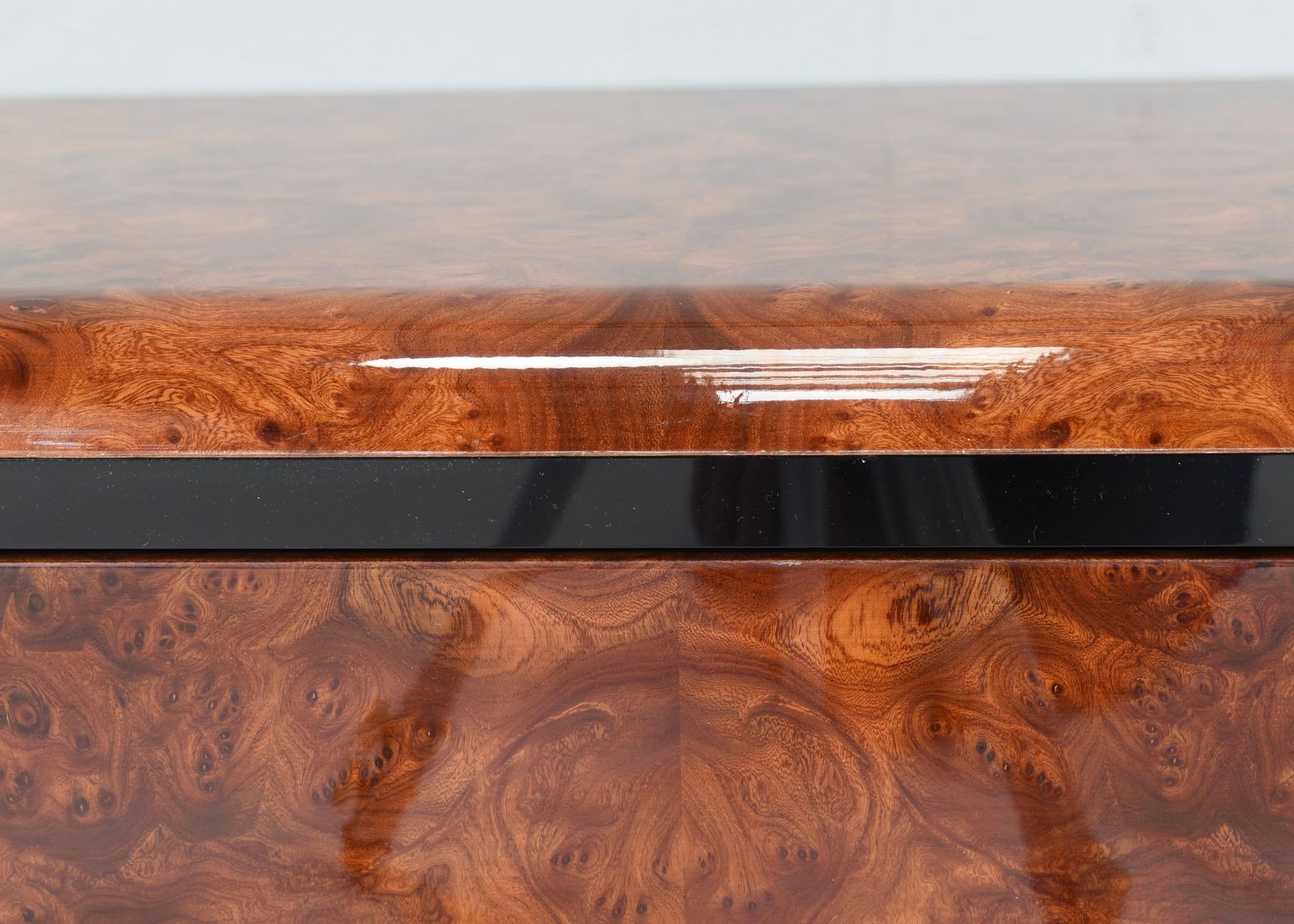 photo for sale Italian Drawer Credenza In High Gloss Burl And Brass, Italy   1970's