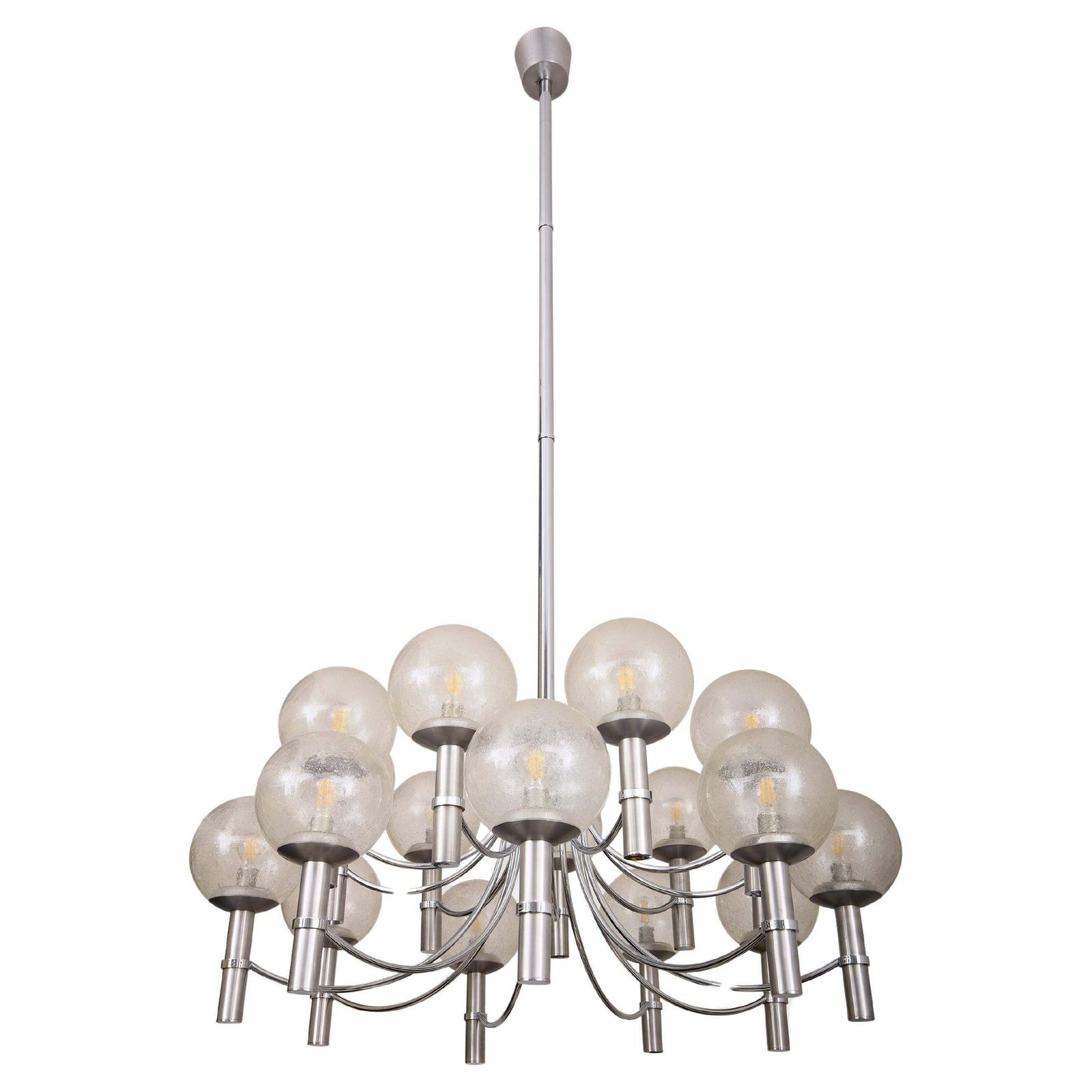 Paire de lustres véronais uniques, acier et verre de Murano, 65 pouces, 1970