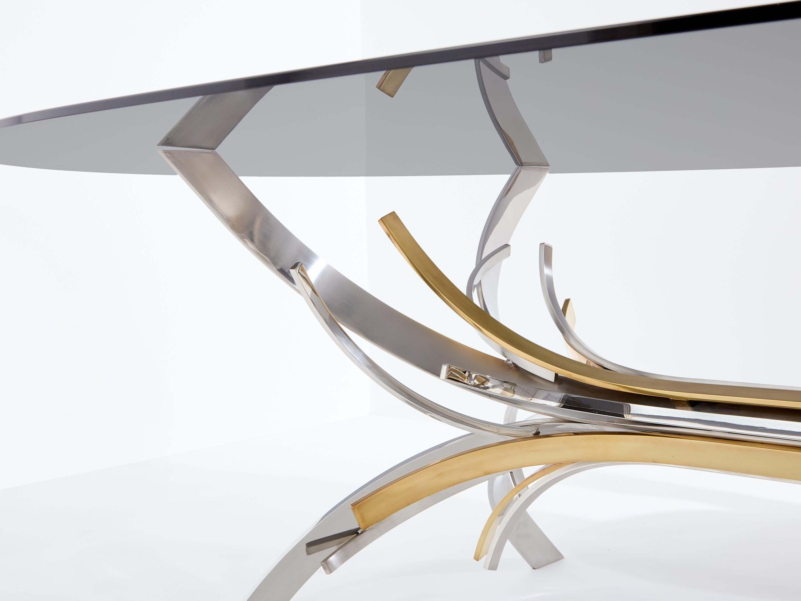 Table à manger Maria Pergay en acier poli et laiton, modèle Gerbe, 1970 photo buy
