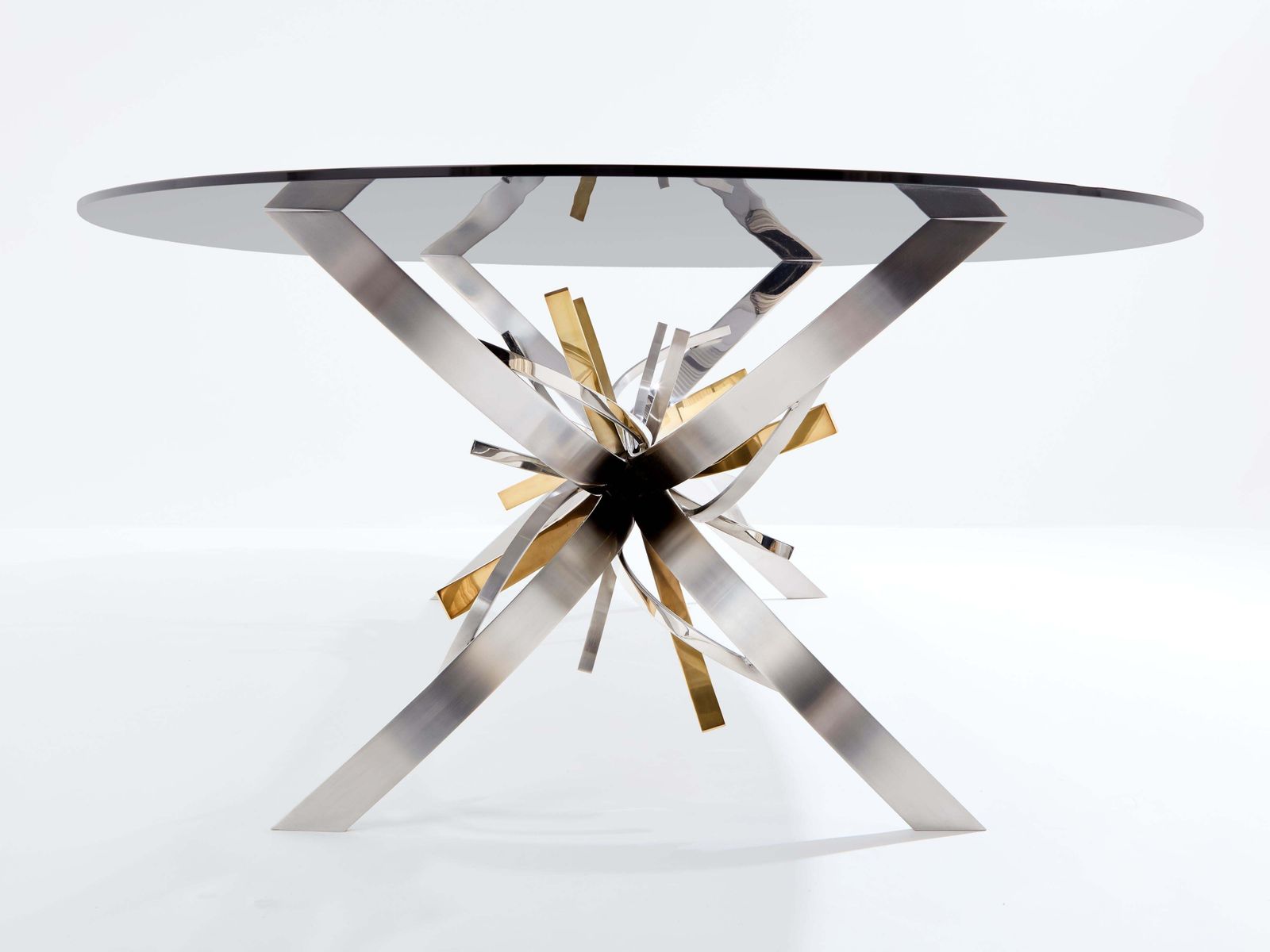 Table à manger Maria Pergay en acier poli et laiton, modèle Gerbe, 1970 photo vintage