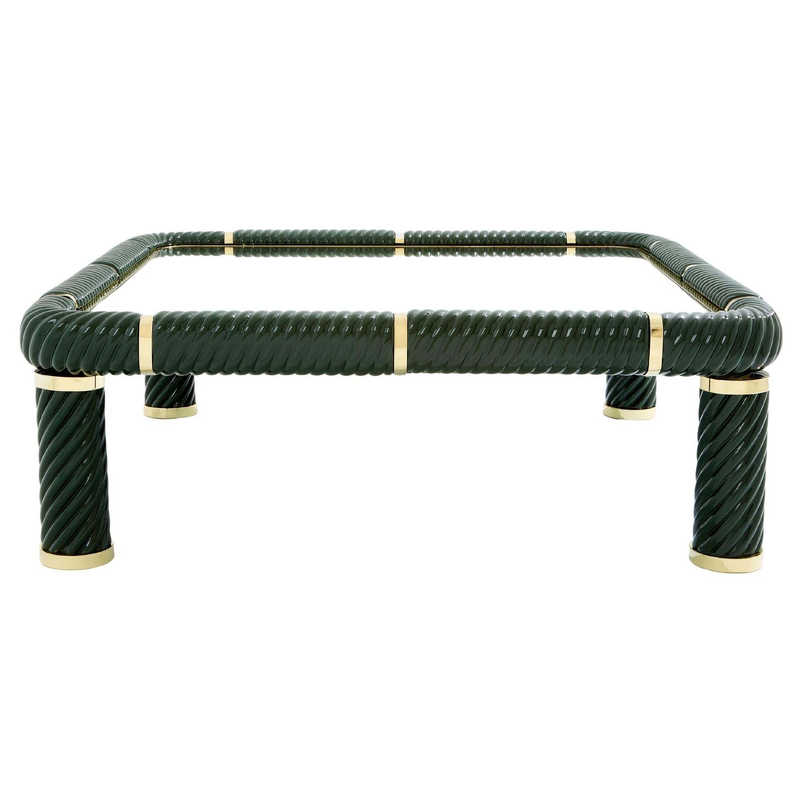 Table basse Tommaso Barbi en céramique vert olive et laiton, années 1970