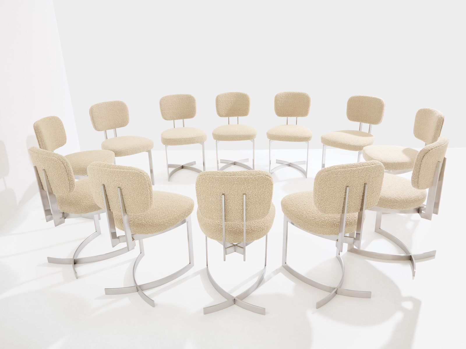 Paul Legeard Set Of Twelve Chairs Stainless Steel Wool Bouclé 1970 photo furniture