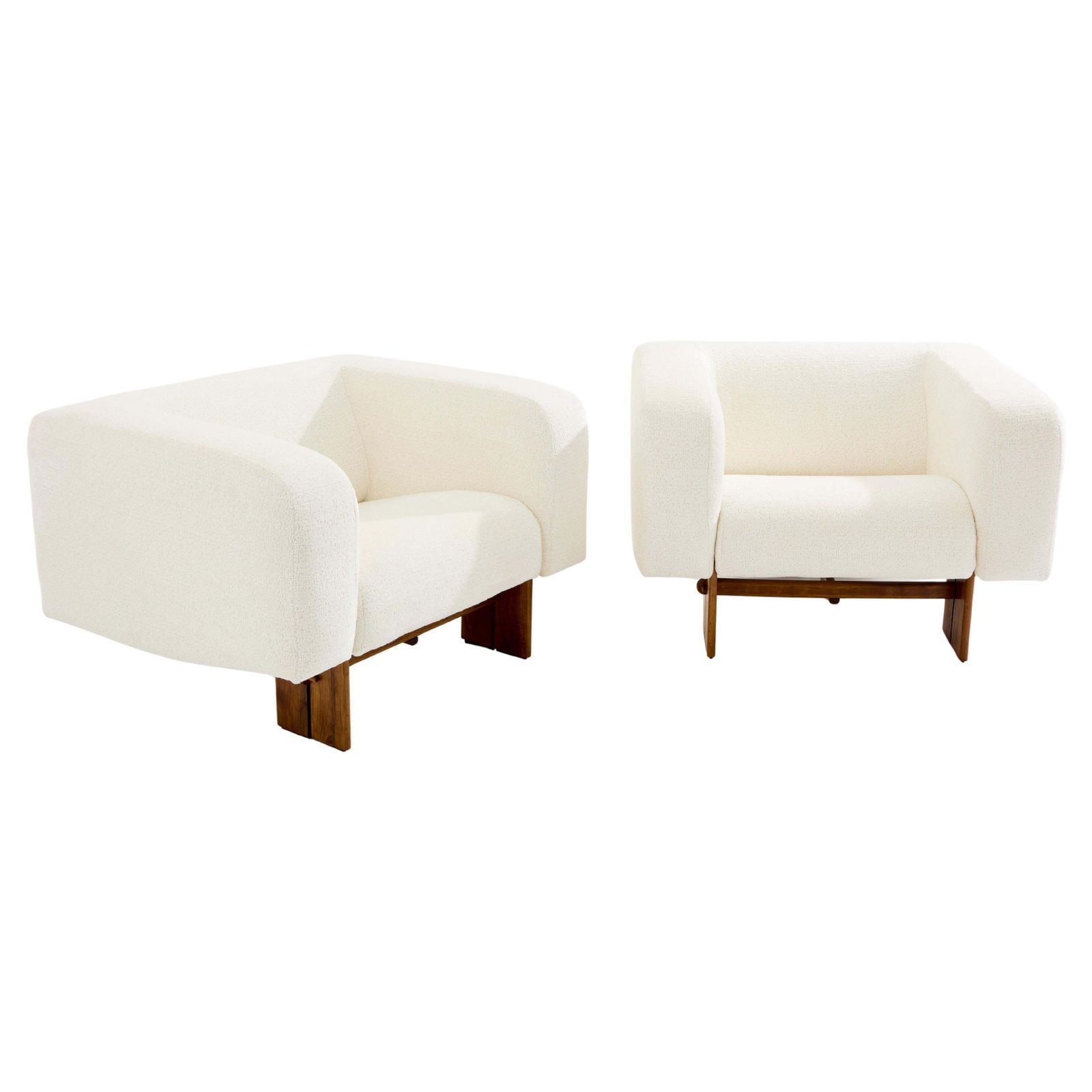 Pair Of Brutalist Italian Armchairs Walnut And Chenille Velvet 1960s