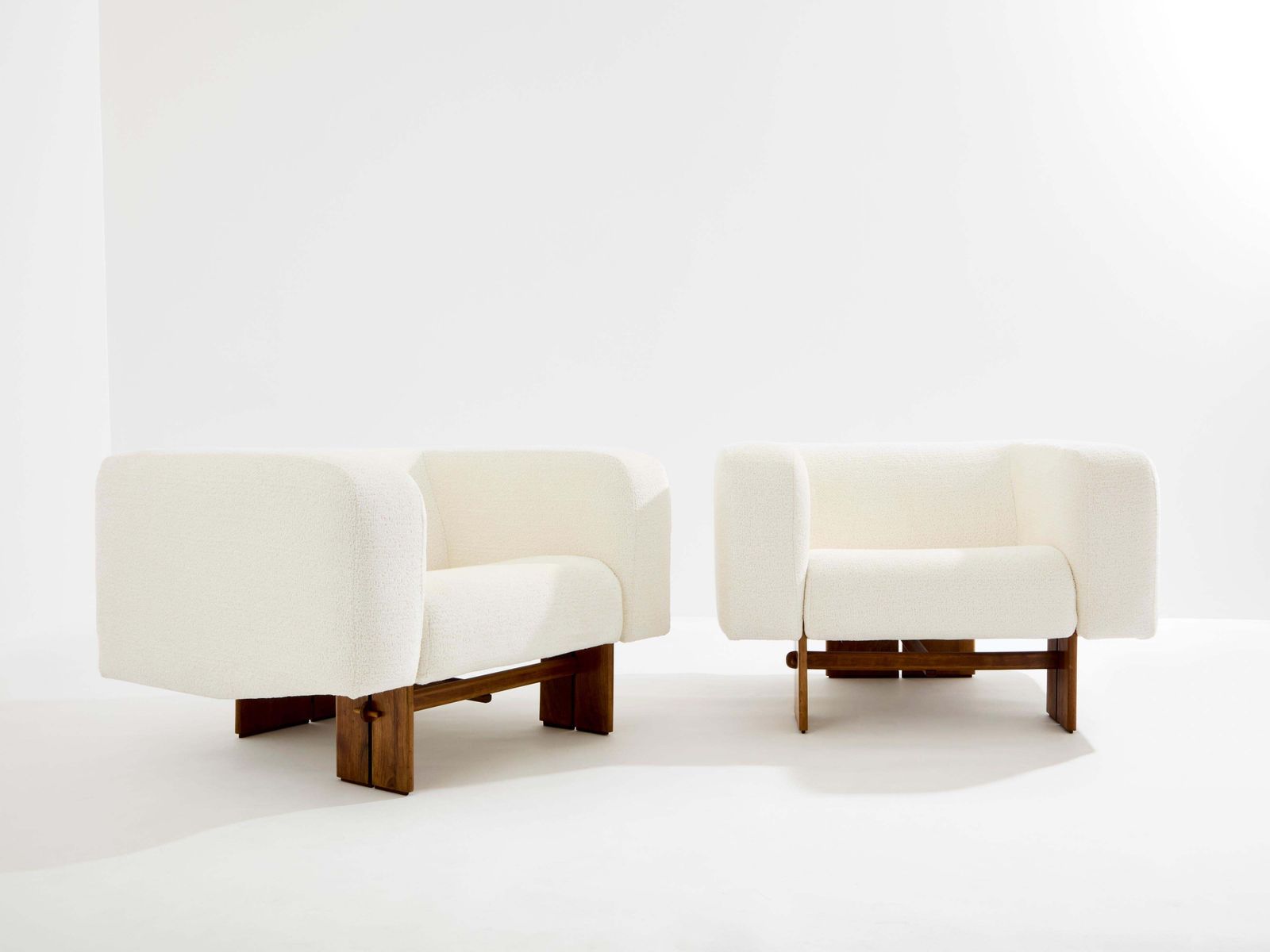 Pair Of Brutalist Italian Armchairs Walnut And Chenille Velvet 1960s photo furniture