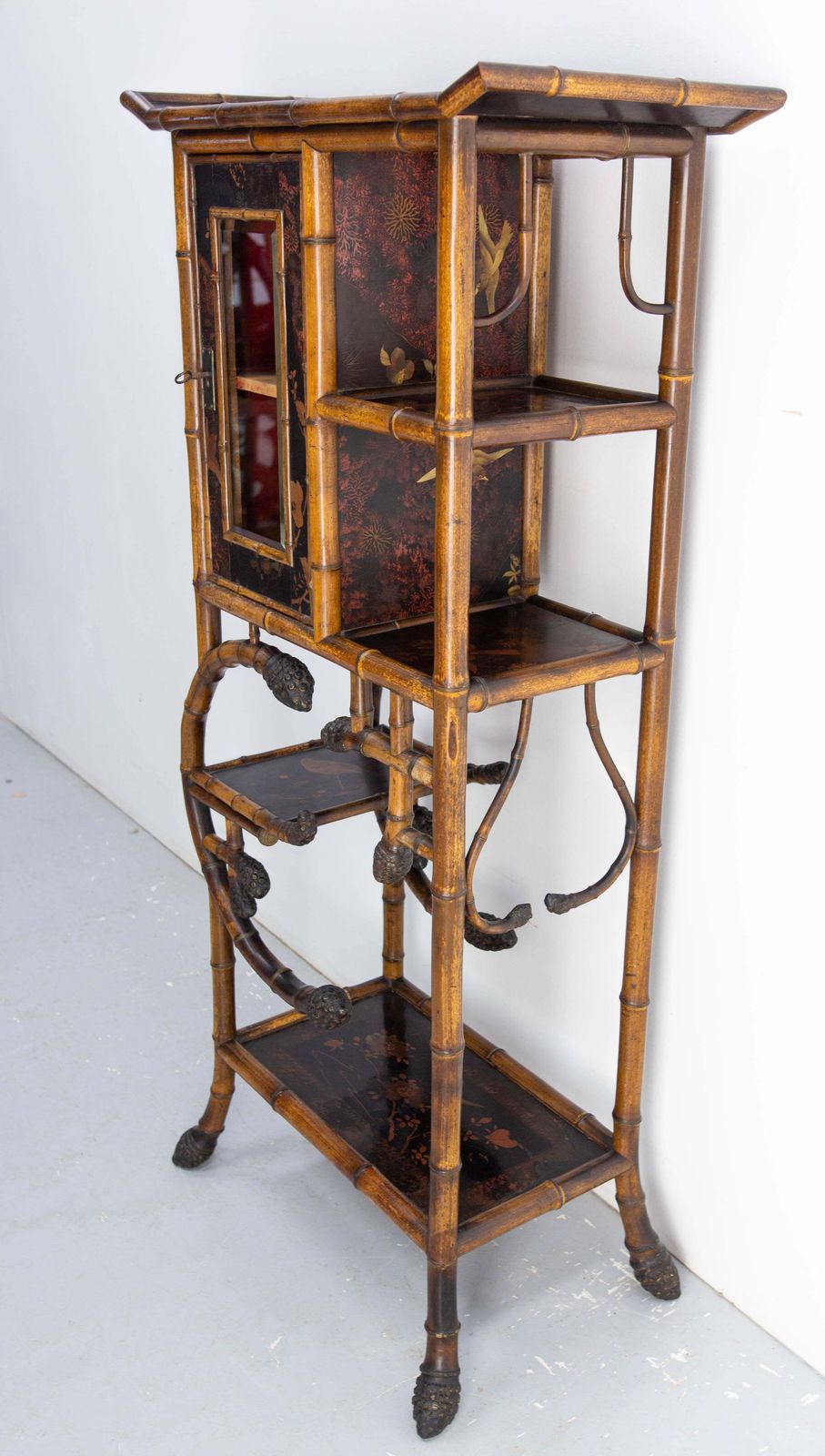 Chinoiserie Lacquered Cabinet & Side Table Faux Bamboo Turned Wood Late 19th C photo for sale