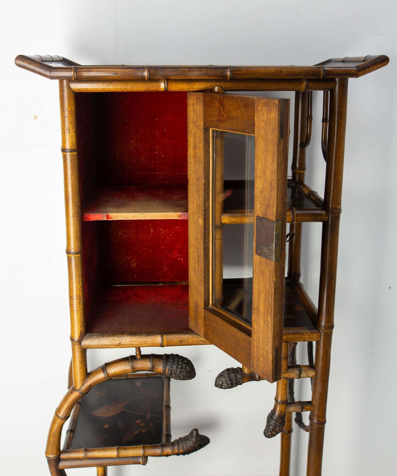 Chinoiserie Lacquered Cabinet & Side Table Faux Bamboo Turned Wood Late 19th C photo vinterior