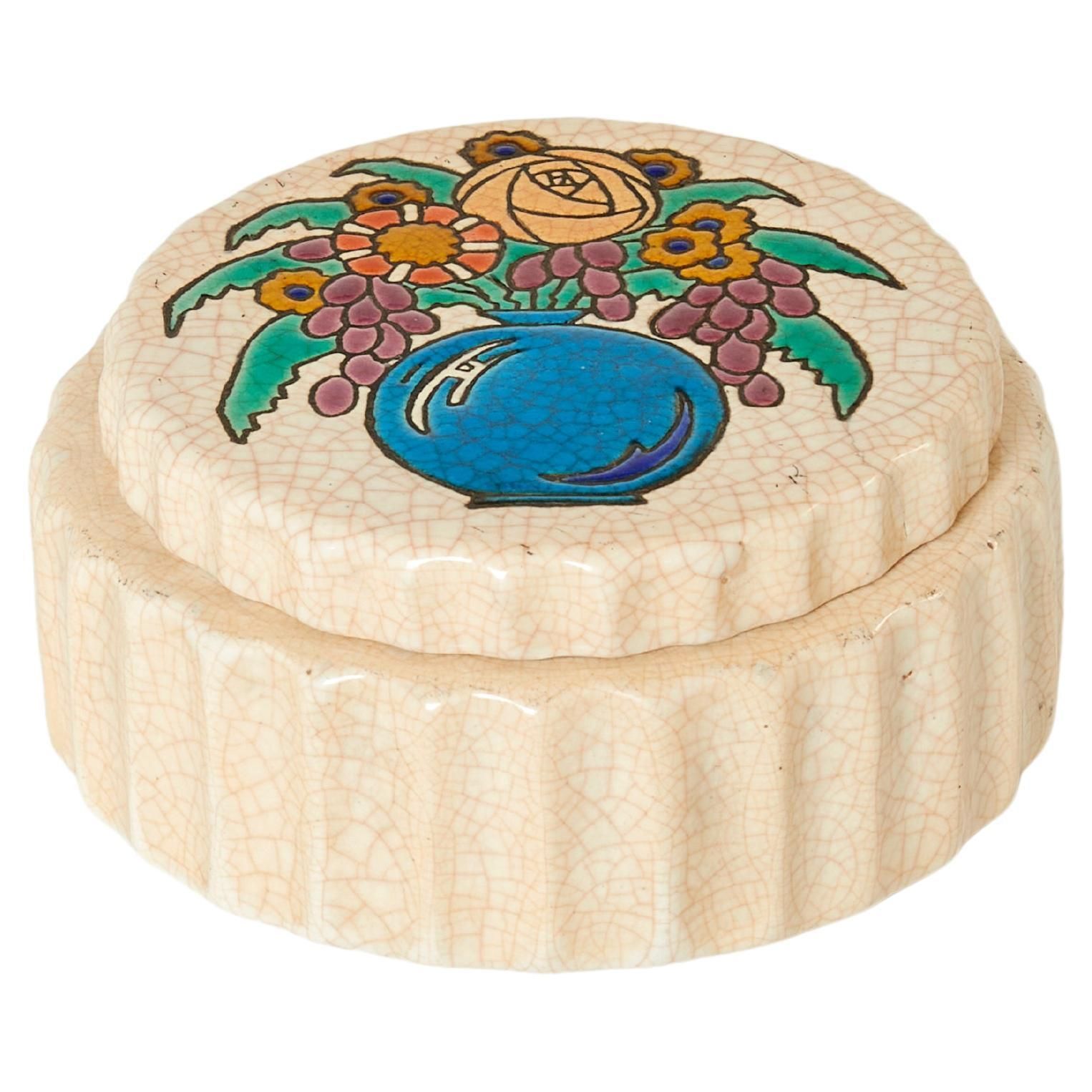 Large Round Flowers Cream Art Deco Box Emaux De Longwy, 1930