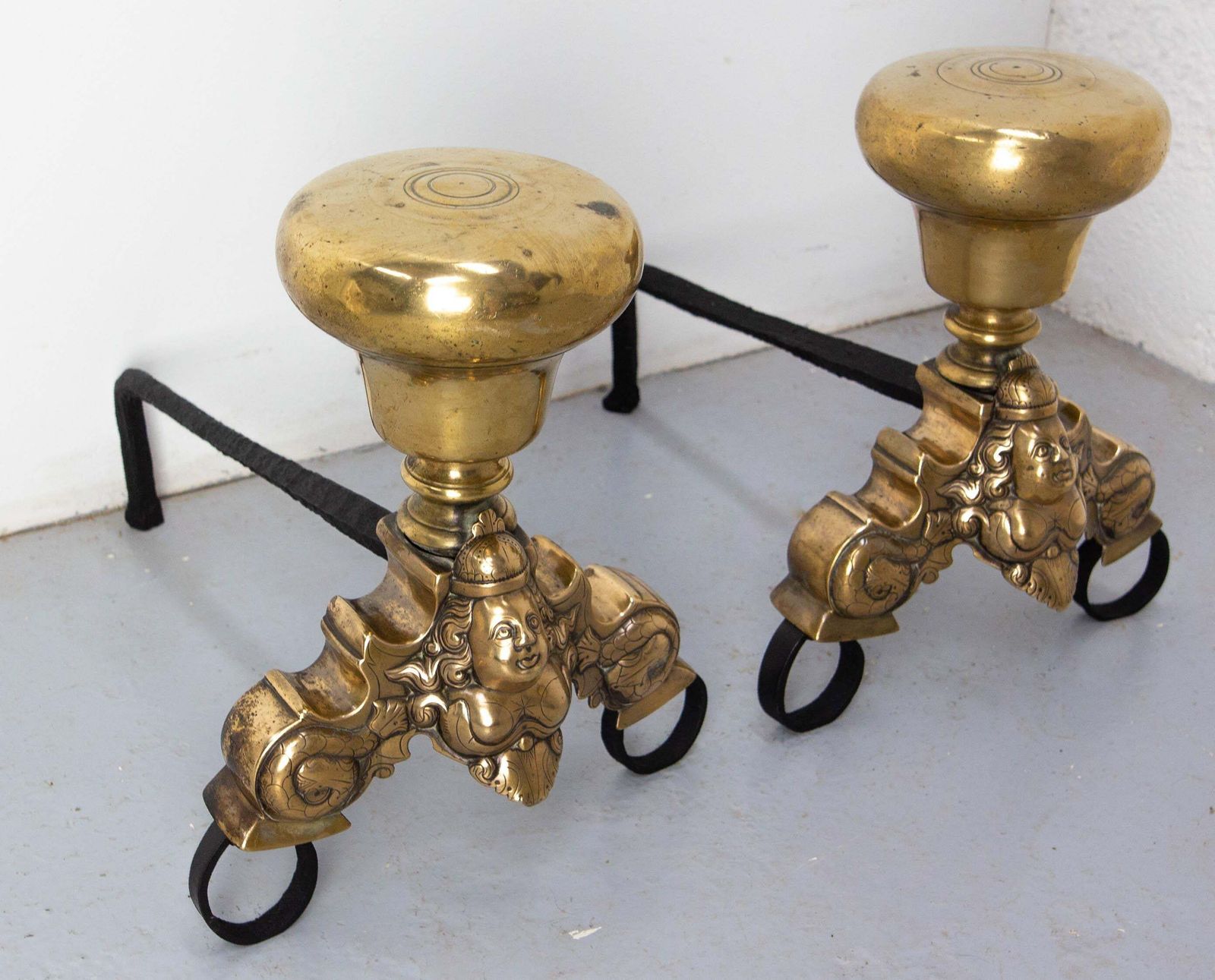 Pair Of Louis XV Siren Fire Dogs Wrought Iron Andirons, France, 18th Century photo for sale