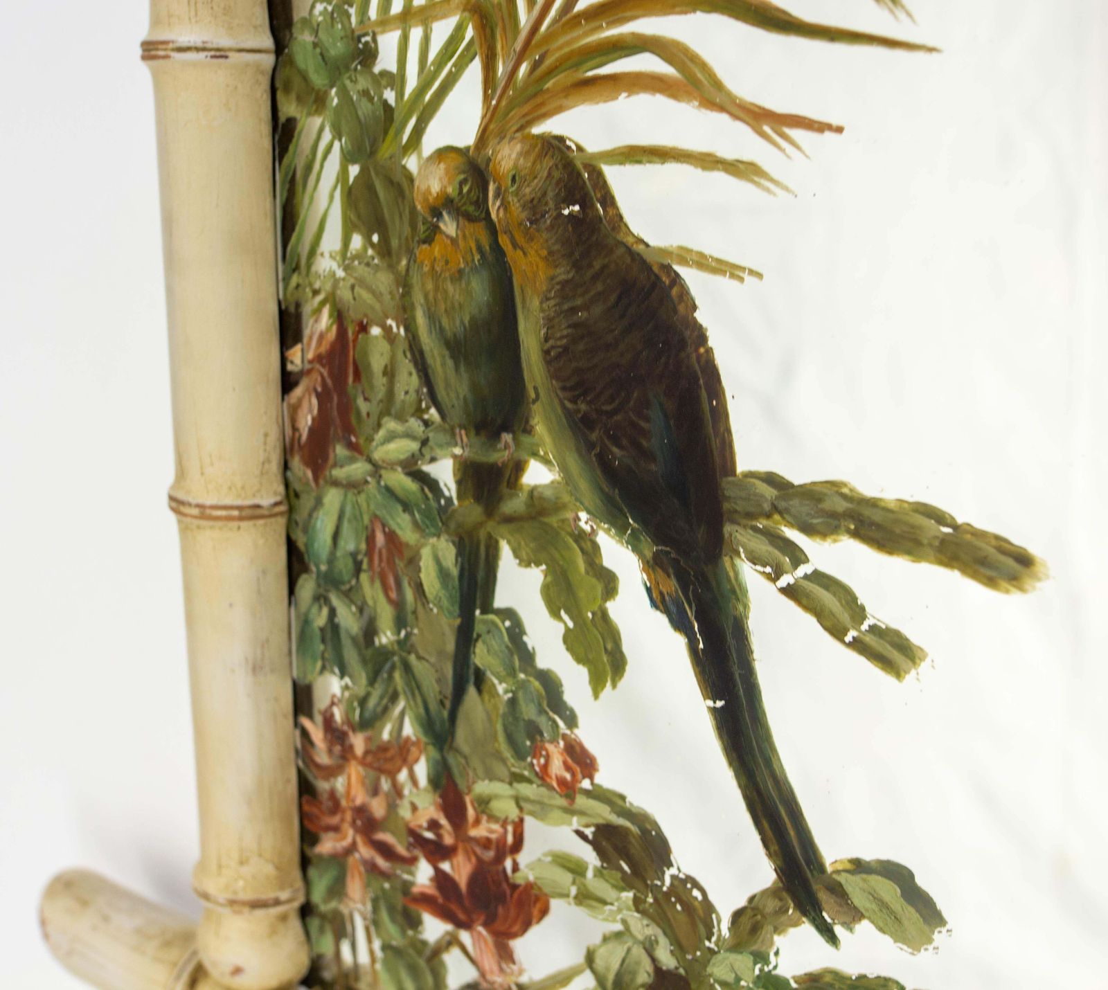 French Faux Bamboo Mirror Patinated & Painted Parakeets On Mirror, Circa 1910 photo for sale