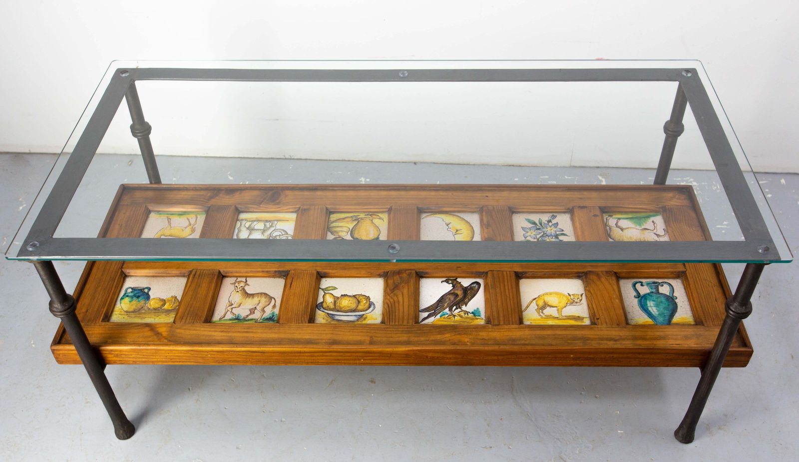 Spanish Wrought Iron Glass & Pine Coffee Table With 19thc Faience Circa 1960 photo 1637.0