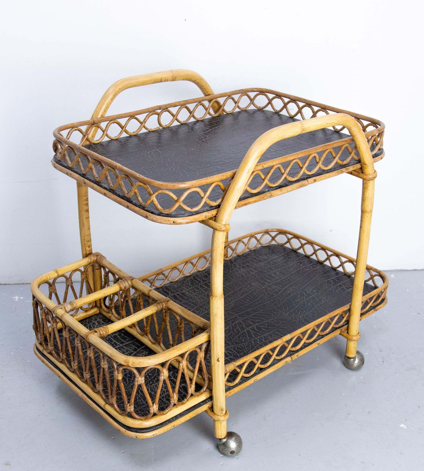 Midcentury Rattan And Skai Trolley Bar Cart, Circa 1950 photo 1213.0