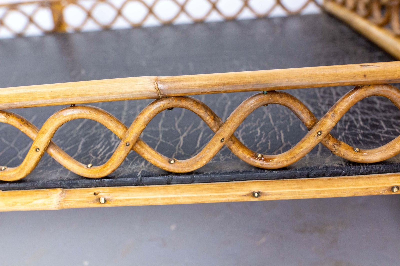 photo for sale Midcentury Rattan And Skai Trolley Bar Cart, Circa 1950
