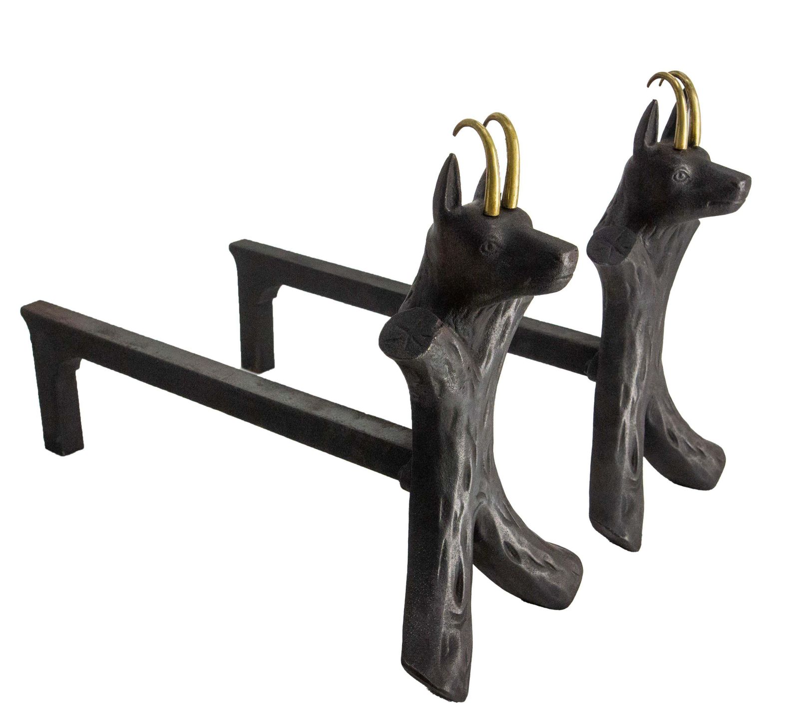 Pair Fireplace Andirons Wrought Iron Firedogs Ibex Inspiration, France, C 1950 photo for sale