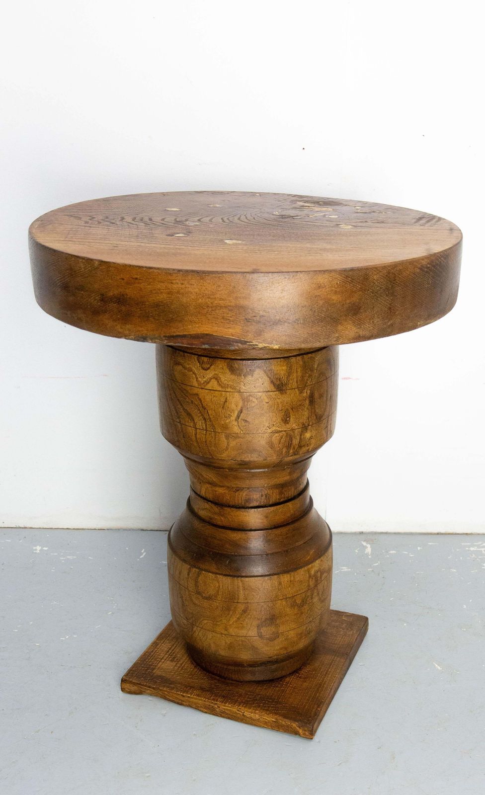 French Brutalist Side Table Elm Wood Hubs Pedestal, Circa 1940 photo furniture