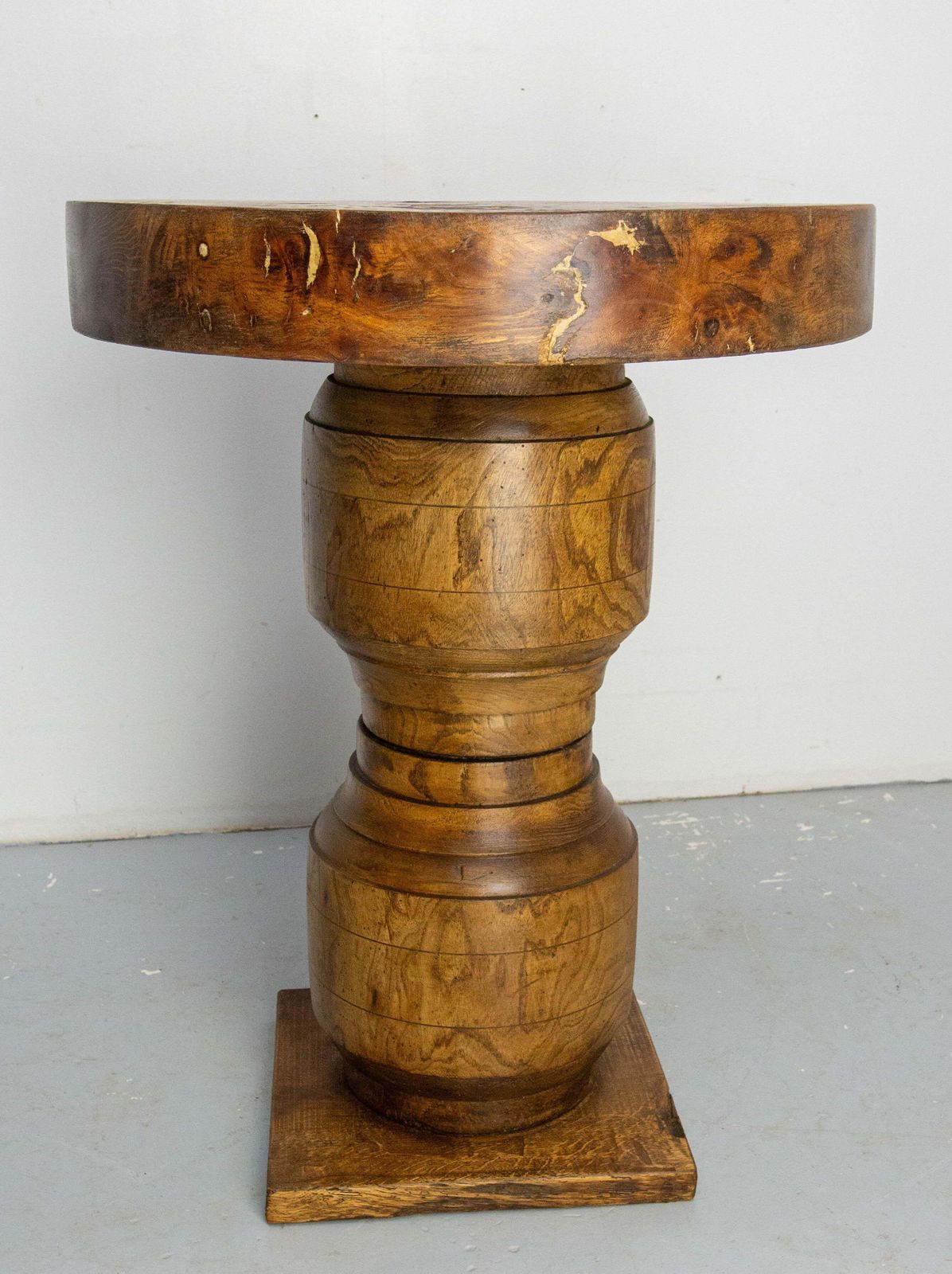 French Brutalist Side Table Elm Wood Hubs Pedestal, Circa 1940 photo vinterior