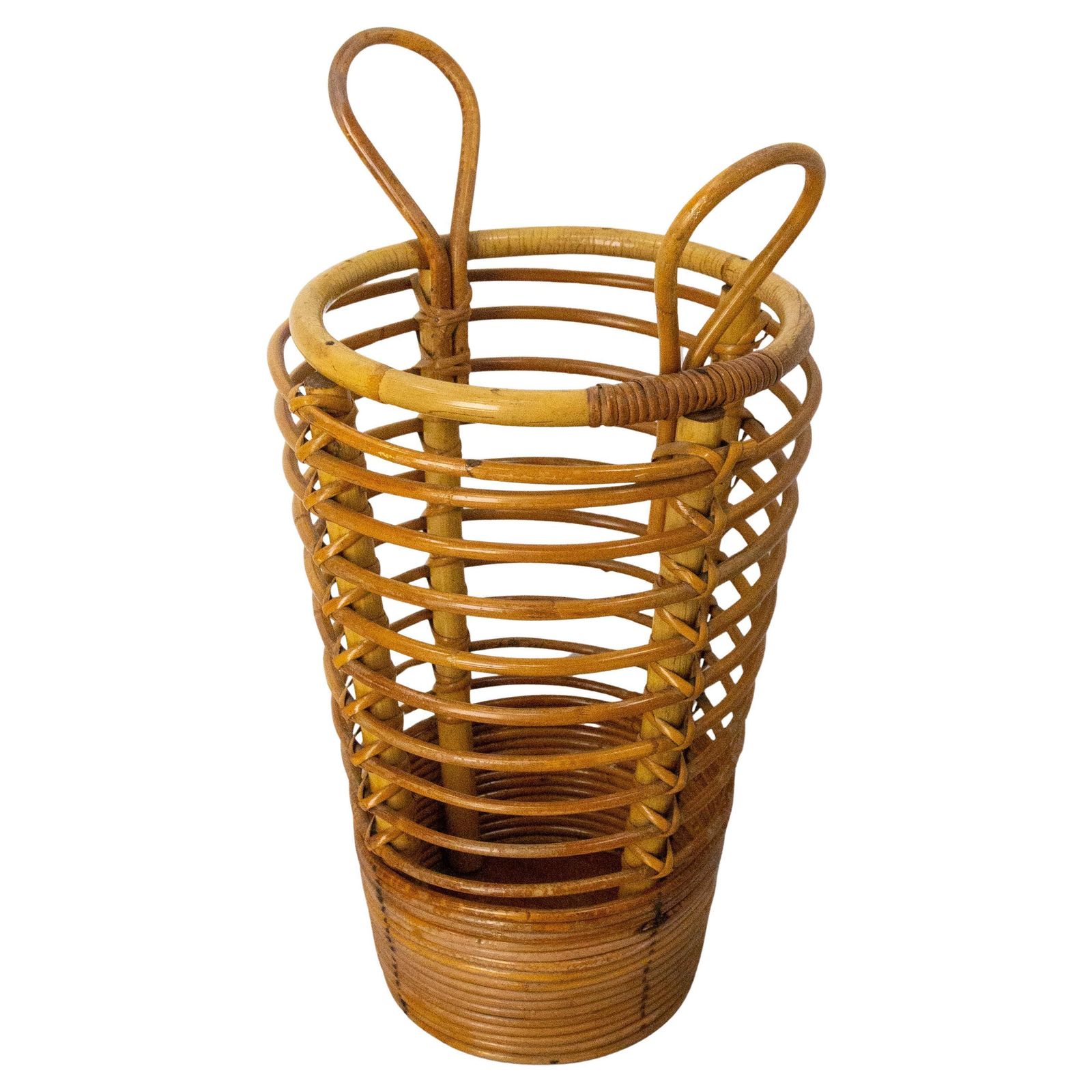 Mid Century Rattan Wastebasket Umbrella Stand By Audoux Minnet France, C. 1950