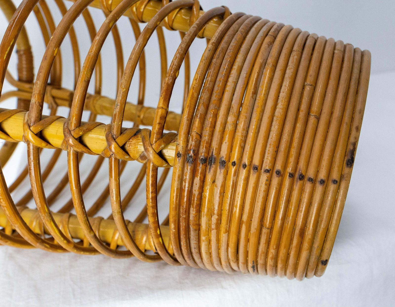 photo furniture Mid Century Rattan Wastebasket Umbrella Stand By Audoux Minnet France, C. 1950