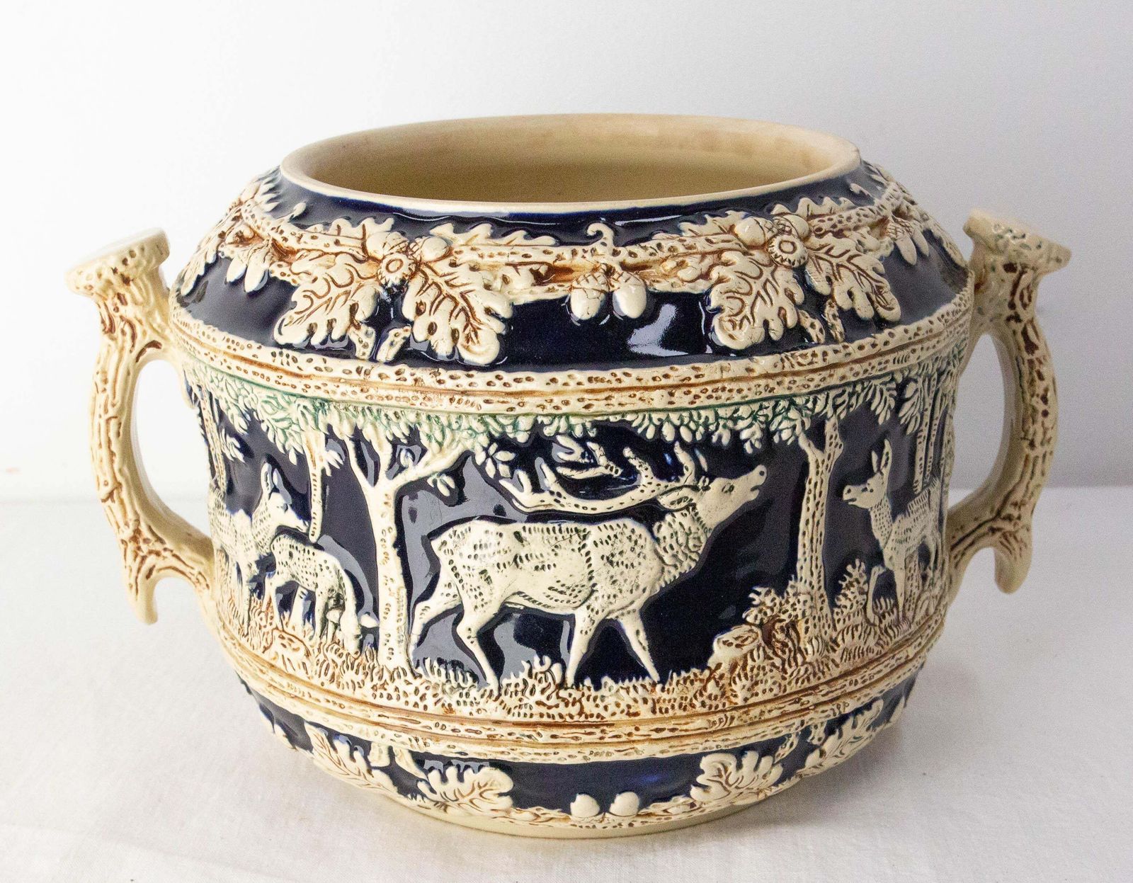 Home Decor German Scharzwald Art Nouveau Stoneware Centerpiece Hunt Scenes, Circa 1900 photo