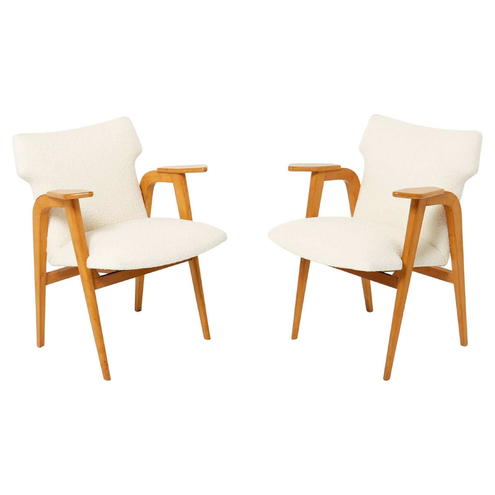 Roger Landault French Oak Compass Armchairs Wool Bouclé, 1950s