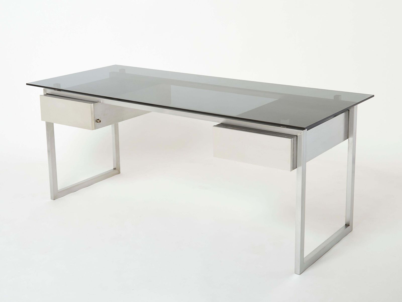 Desk Table Patrice Maffei For Kappa Brushed Steel Smoked Glass 1970 photo for sale