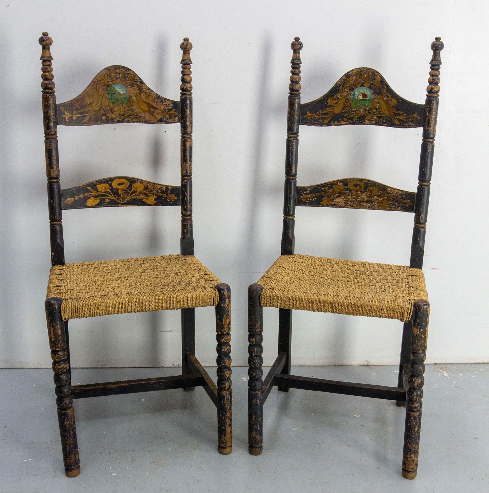 Two French Hand Painted Side Chairs Rush Seats Country Style, 19th Century photo furniture