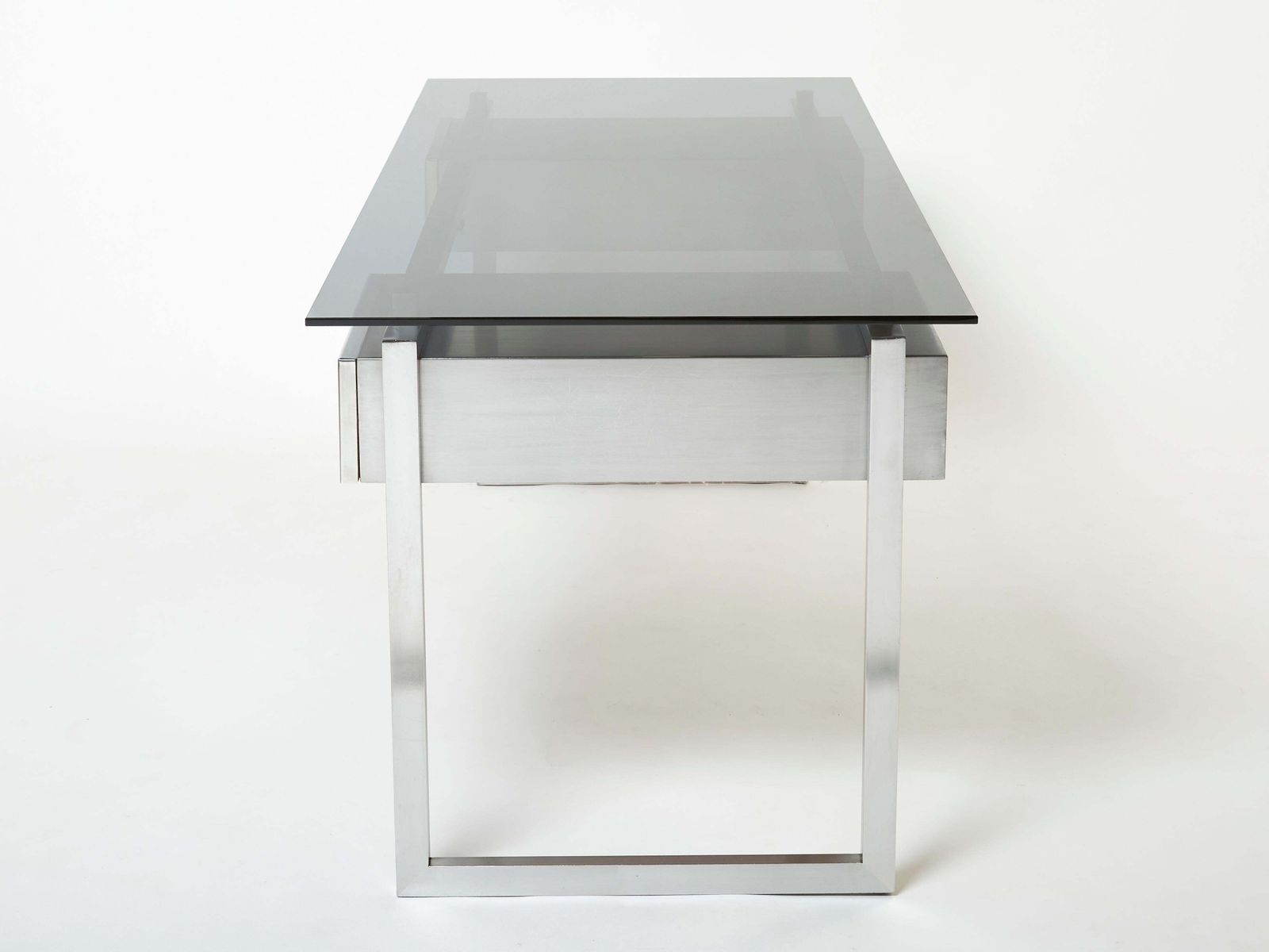 Table bureau Patrice Maffei pour Kappa en acier brossé et verre fumé, années 1970 photo buy