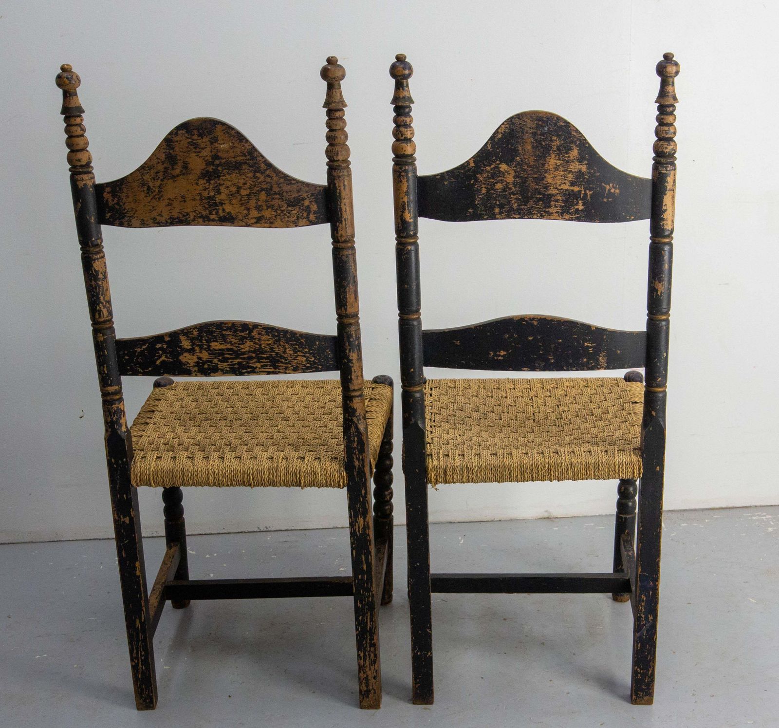 Two French Hand Painted Side Chairs Rush Seats Country Style, 19th Century photo vinterior
