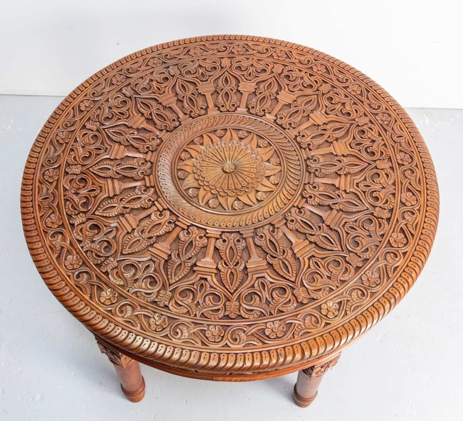 Moroccan Central Or Coffee Atlas Cedar Table Hand Carved 20th Mid Century photo vinterior