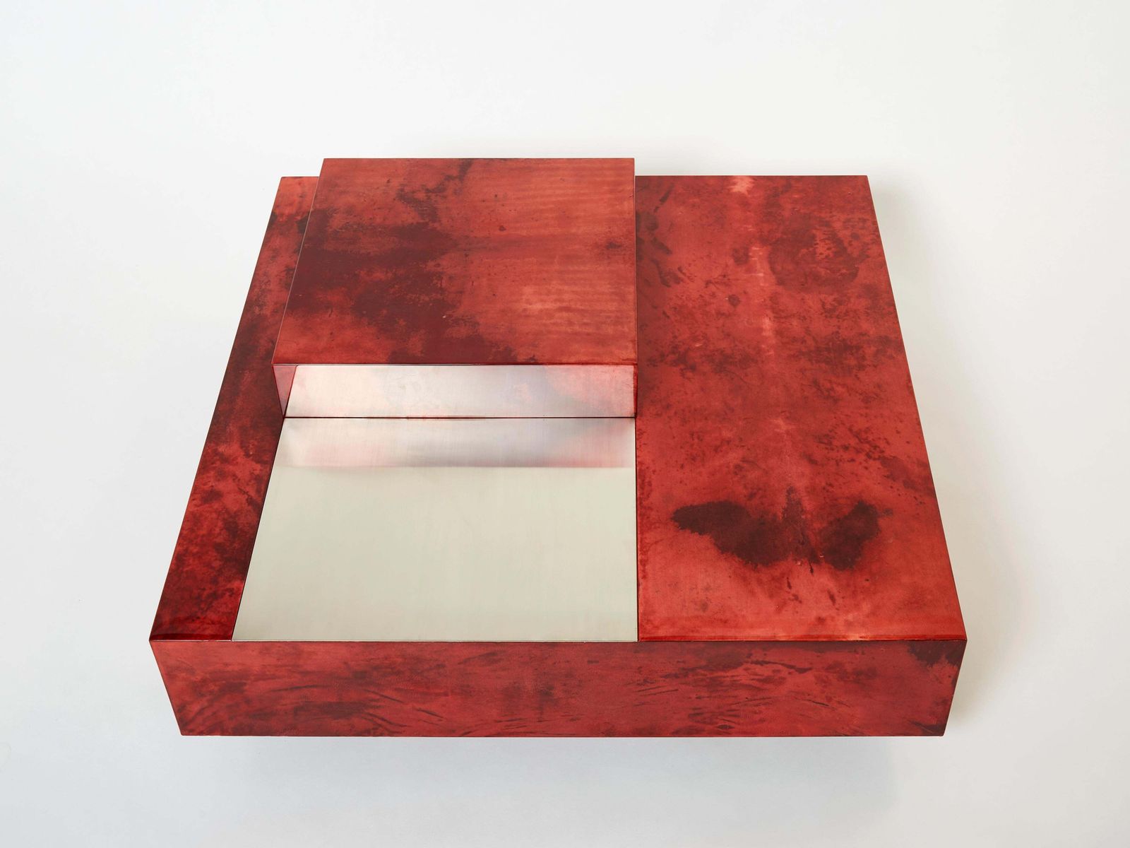 Aldo Tura Red Goatskin Parchment Steel Bar Coffee Table, 1960 photo for sale