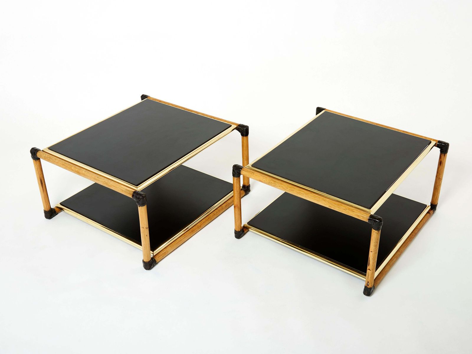 Tables d'appoint Alberto Smania en bambou, laiton et bois noir, Italie, années 1970 photo furniture