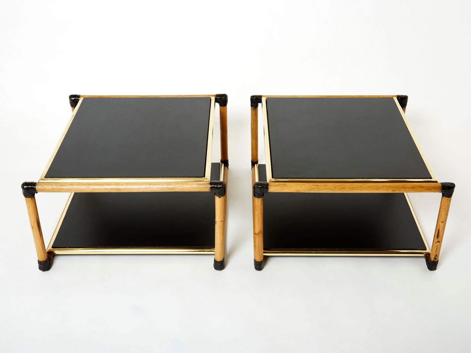 Tables d'appoint Alberto Smania en bambou, laiton et bois noir, Italie, années 1970 photo vinterior